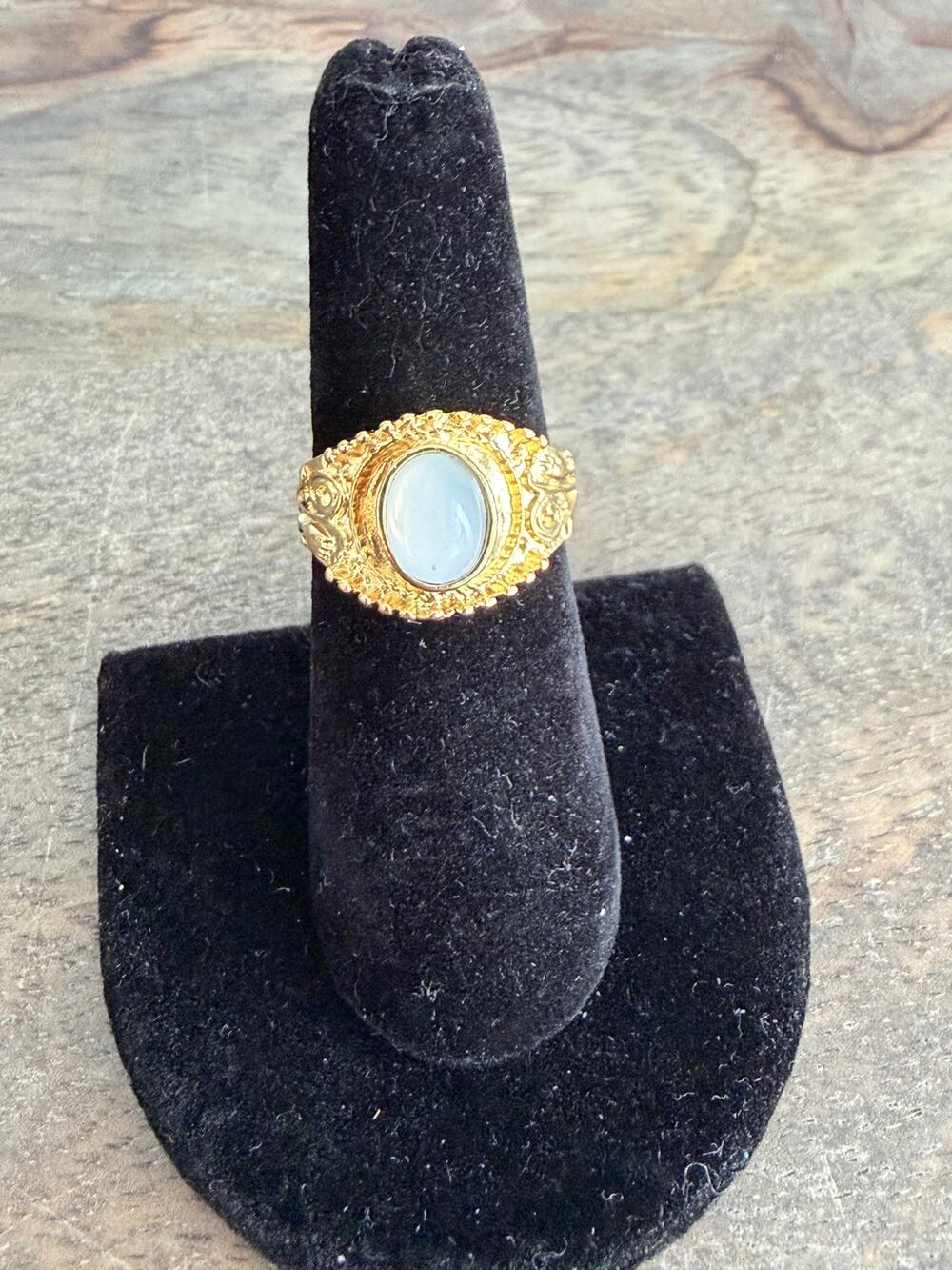 Gold Tone Ornate Floral Milky Opalescent Cabochon Statement Ring Size 7